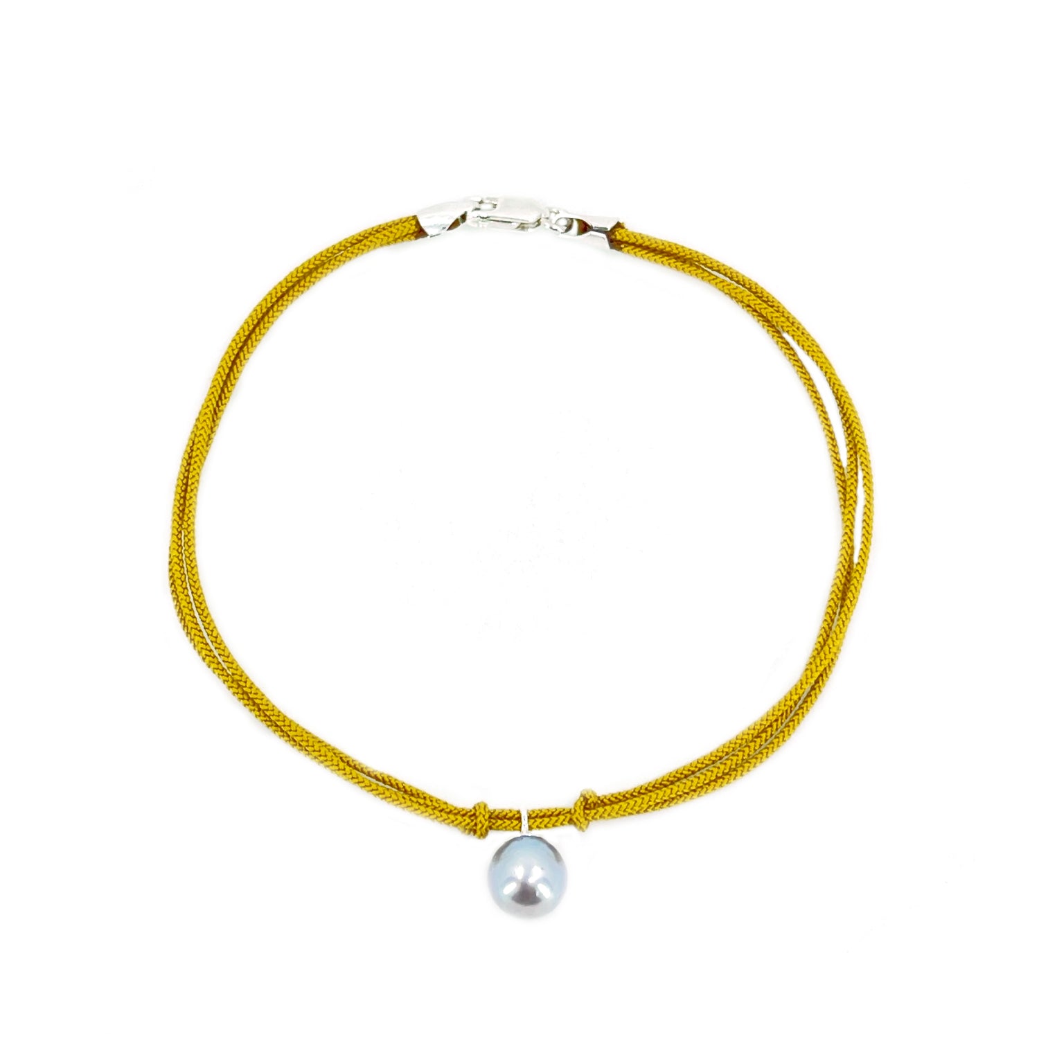 Kumihimo Braided Yellow Ocher Silk Vintage Akoya Saltwater Cultured Pearl Triple Strand Bracelet-Sterling Silver