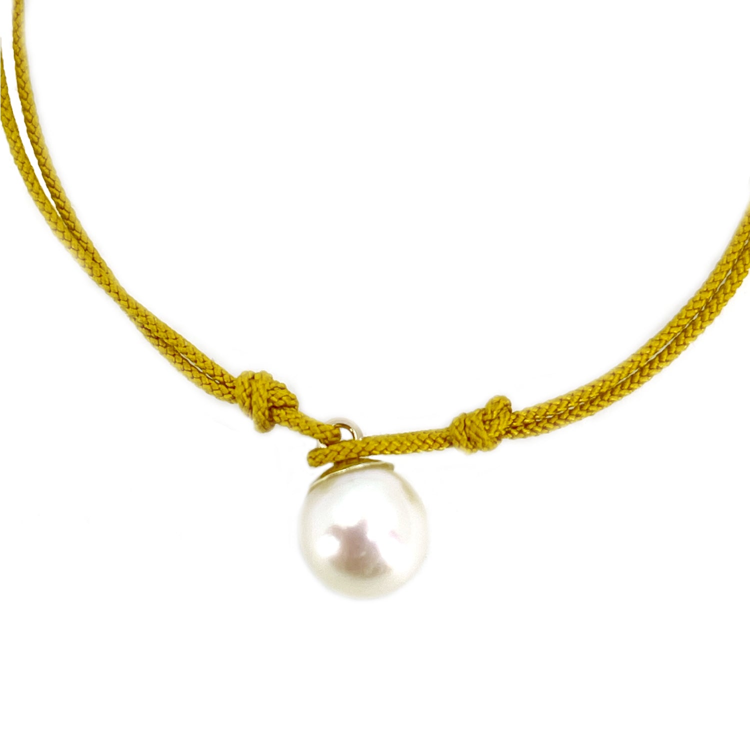 Kumihimo Braided Yellow Ocher Silk Vintage Akoya Saltwater Cultured Pearl Adjustable Bracelet-14K Yellow Gold