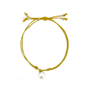 Kumihimo Braided Yellow Ocher Silk Vintage Akoya Saltwater Cultured Pearl Adjustable Bracelet-14K Yellow Gold
