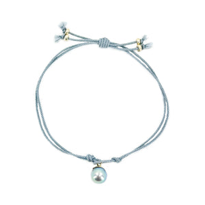 Kumihimo Braided Light Blue Silk Vintage Blue Akoya Saltwater Cultured Pearl Adjustable Bracelet-14K Yellow Gold