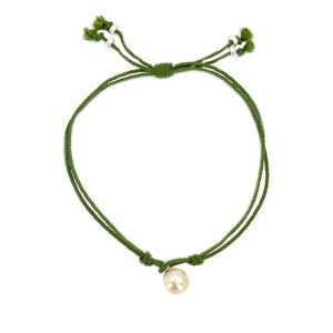 Kumihimo Braided Forest Green Silk Vintage Akoya Saltwater Cultured Pearl Adjustable Bracelet-Sterling Silver