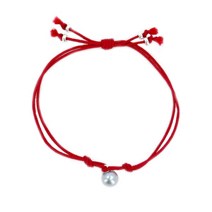 Kumihimo Braided Red Vermillion Silk Vintage Blue Akoya Saltwater Cultured Pearl Adjustable Bracelet-Sterling Silver