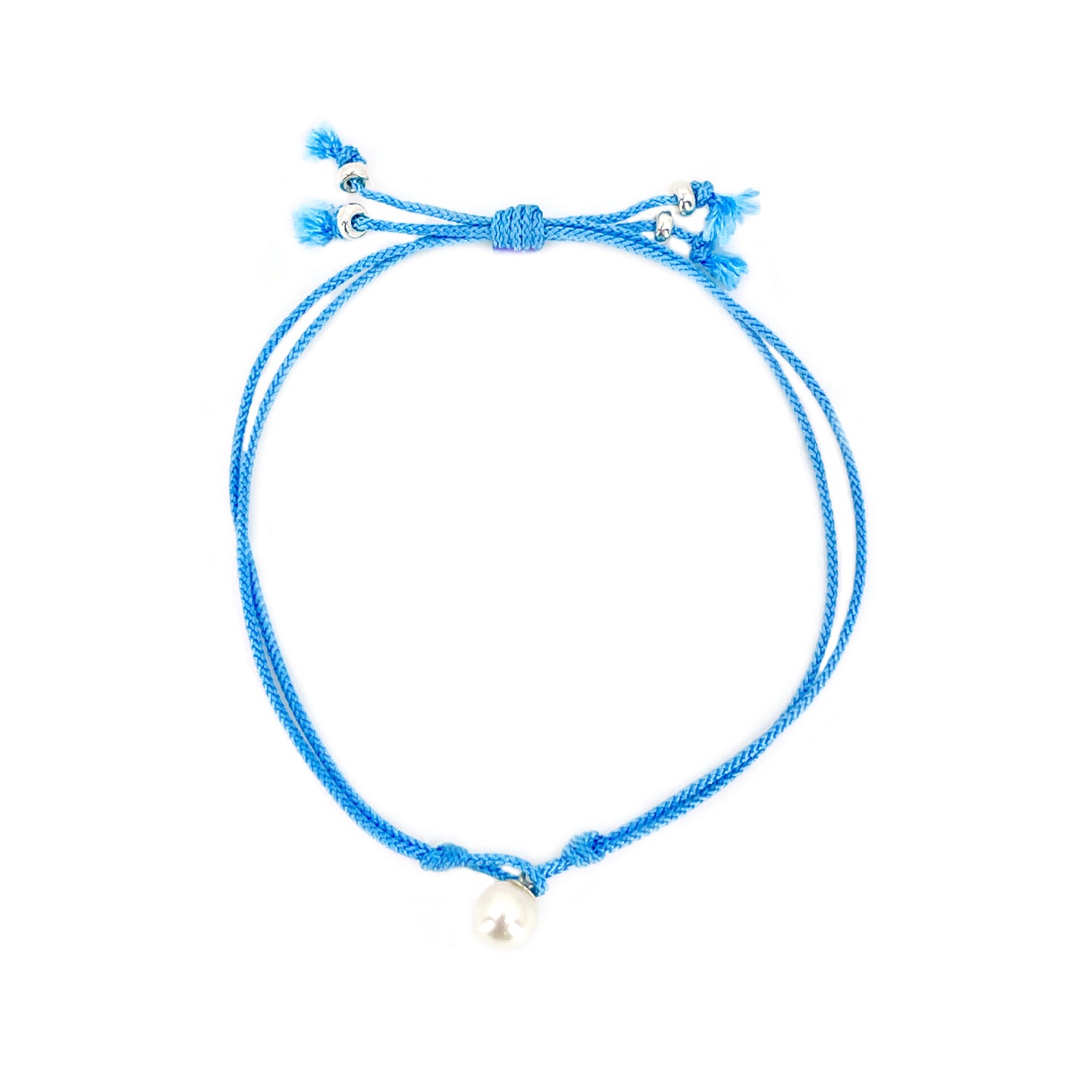 Kumihimo Braided Sea Blue Silk Vintage Akoya Saltwater Cultured Pearl Adjustable Bracelet-Sterling Silver