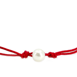 Kumihimo Braided Red Vermillion Silk Vintage Akoya Saltwater Cultured Pearl Adjustable Bracelet-14K Yellow Gold