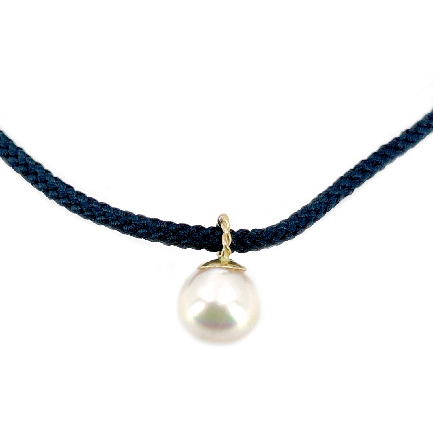 Kumihimo Braided Black Silk Vintage Akoya Saltwater Cultured Pearl Necklace-14K Yellow Gold