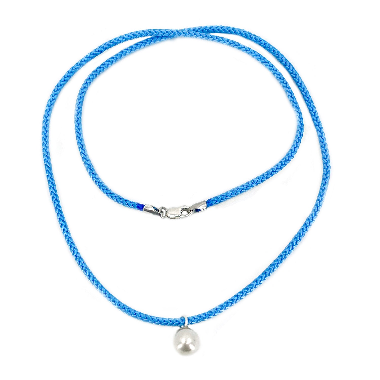Kumihimo Braided Sea Blue Silk Vintage Akoya Saltwater Cultured Pearl Necklace-Sterling Silver 18 Inch
