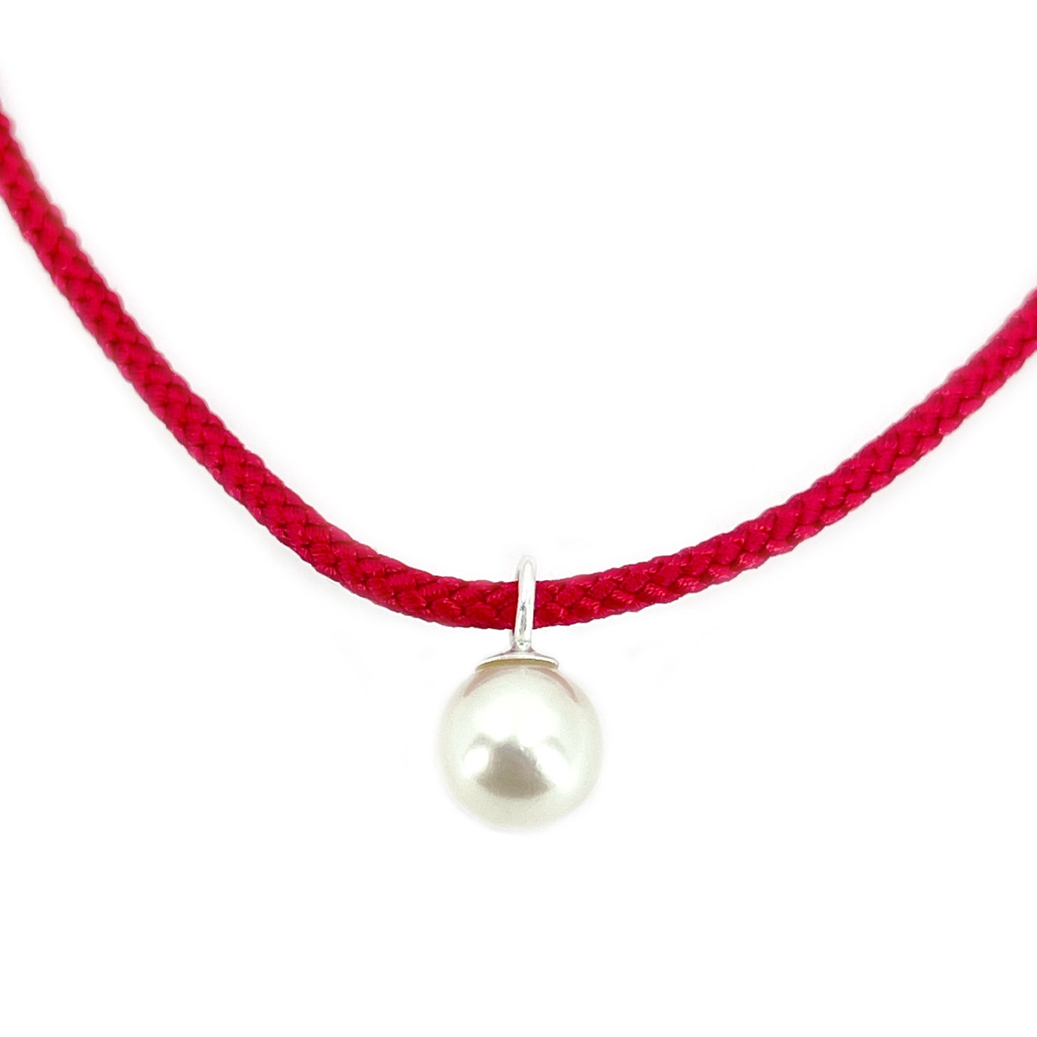 Kumihimo Braided Red Vermillion Silk Vintage Akoya Saltwater Cultured Pearl Necklace-Sterling Silver 18 Inch