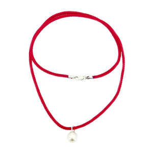 Kumihimo Braided Red Vermillion Silk Vintage Akoya Saltwater Cultured Pearl Necklace-Sterling Silver 18 Inch