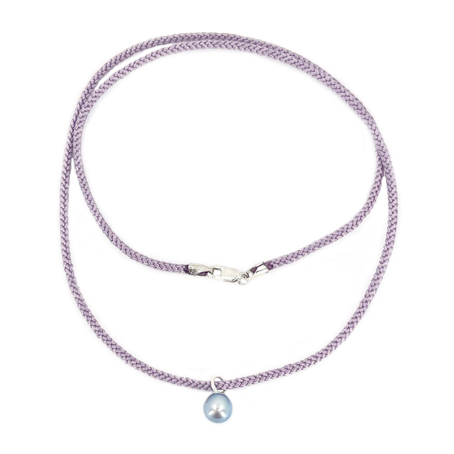 Kumihimo Braided Light Purple Silk Vintage Blue Akoya Saltwater Cultured Pearl Necklace-Sterling Silver 18 Inch