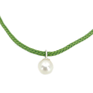 Kumihimo Braided Forest Green Silk Vintage Akoya Saltwater Cultured Pearl Necklace-Sterling Silver 18 Inch