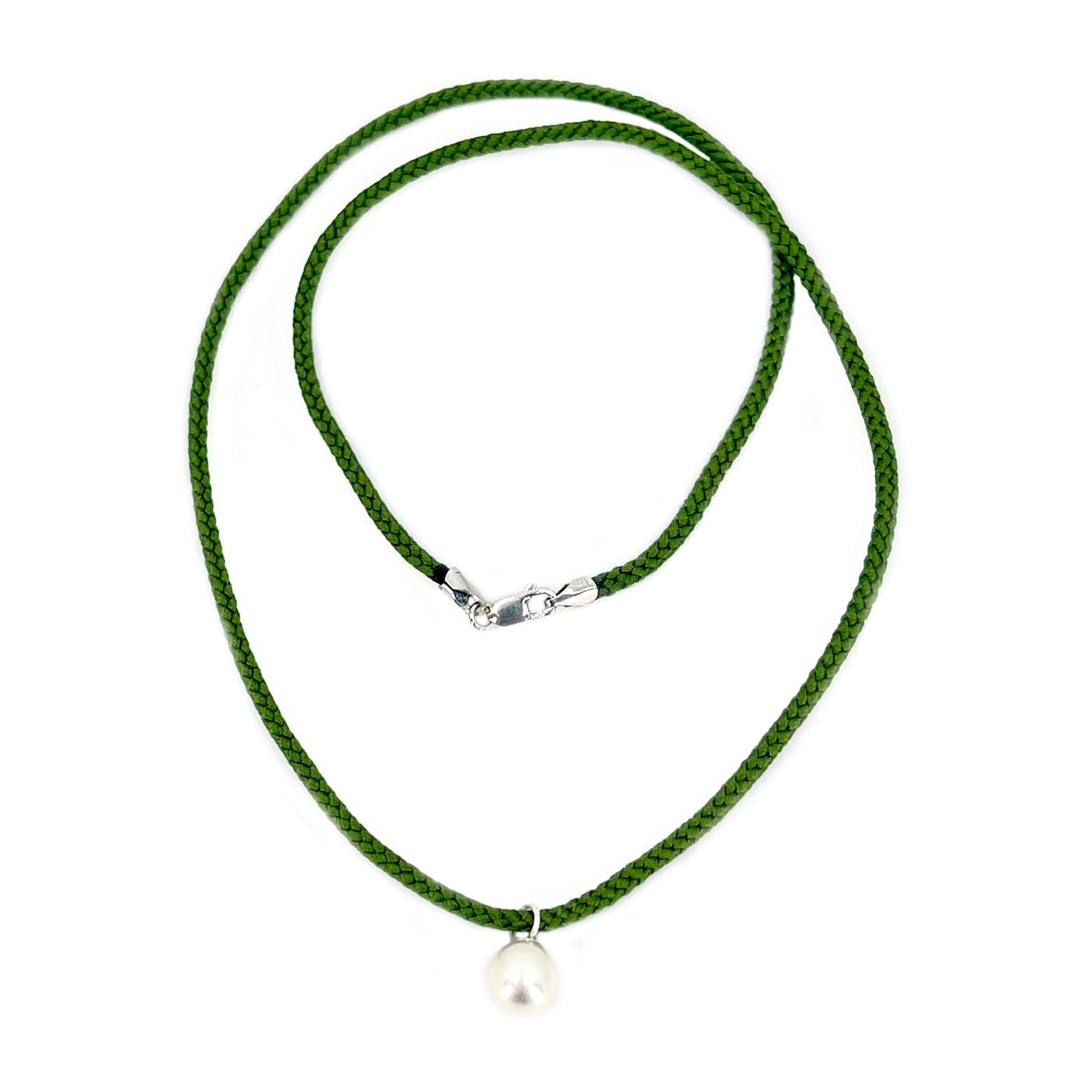 Kumihimo Braided Forest Green Silk Vintage Akoya Saltwater Cultured Pearl Necklace-Sterling Silver 18 Inch