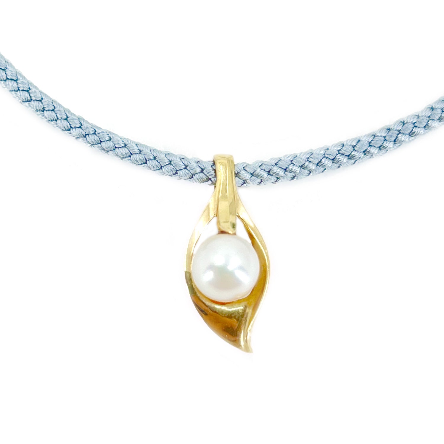 Kumihimo Braided Light Blue Silk Vintage Akoya Saltwater Cultured Pearl Leaf Necklace-14K Yellow Gold