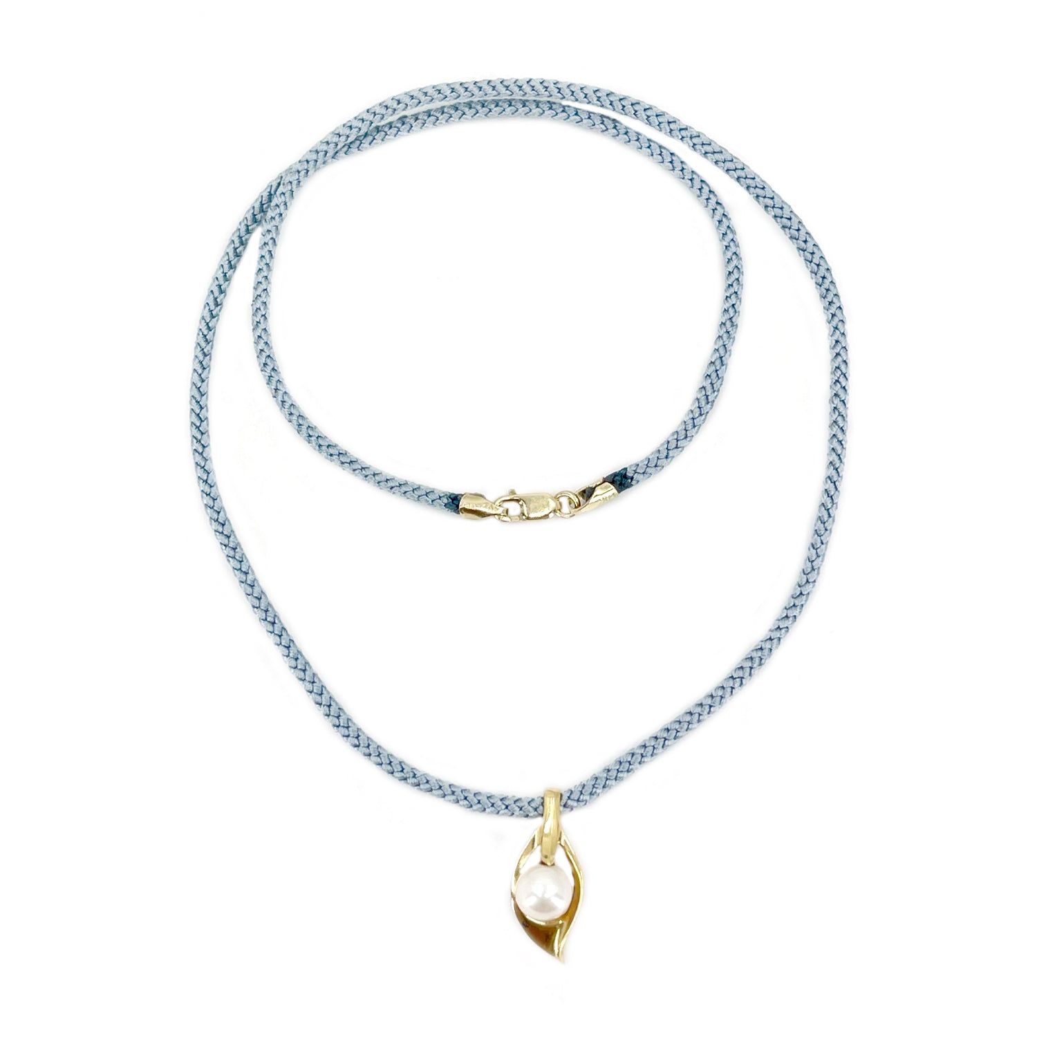Kumihimo Braided Light Blue Silk Vintage Akoya Saltwater Cultured Pearl Leaf Necklace-14K Yellow Gold