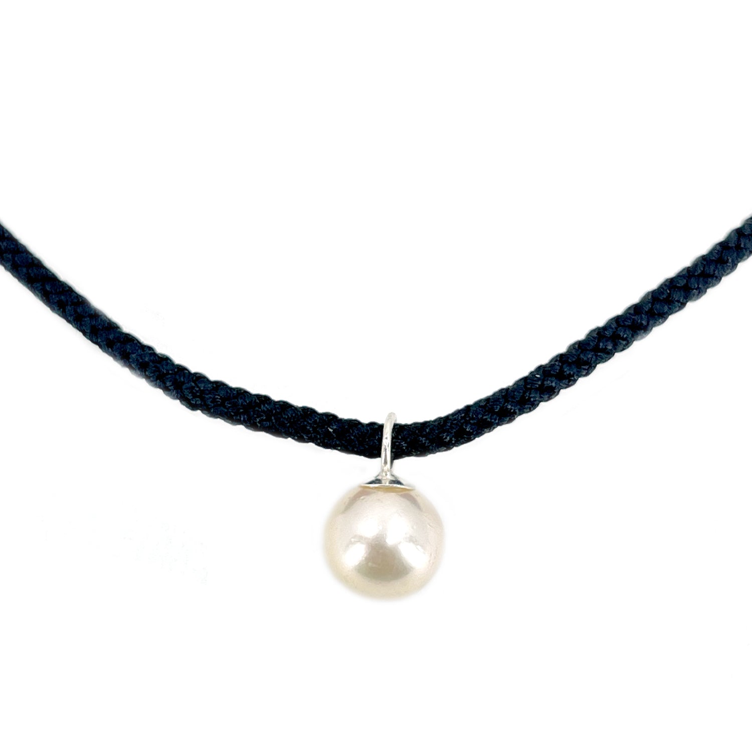 Kumihimo Braided Black Silk Vintage Akoya Saltwater Cultured Pearl Necklace-Sterling Silver