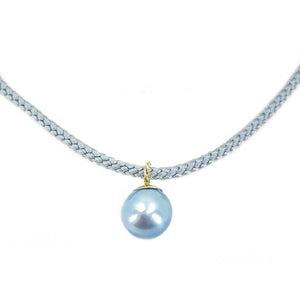 Kumihimo Braided Light Blue Silk Vintage Akoya Saltwater Cultured Pearl Necklace-14K Yellow Gold