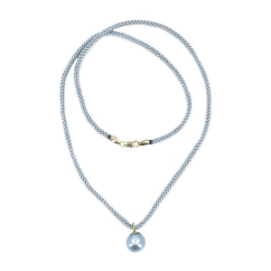 Kumihimo Braided Light Blue Silk Vintage Akoya Saltwater Cultured Pearl Necklace-14K Yellow Gold