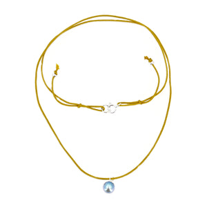 Kumihimo Braided Yellow Ocher Silk Vintage Akoya Saltwater Cultured Pearl Adjustable Necklace- Sterling Silver