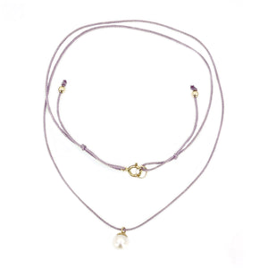Kumihimo Braided Lavender Purple Silk Vintage Akoya Saltwater Cultured Pearl Adjustable Necklace-14K Yellow Gold