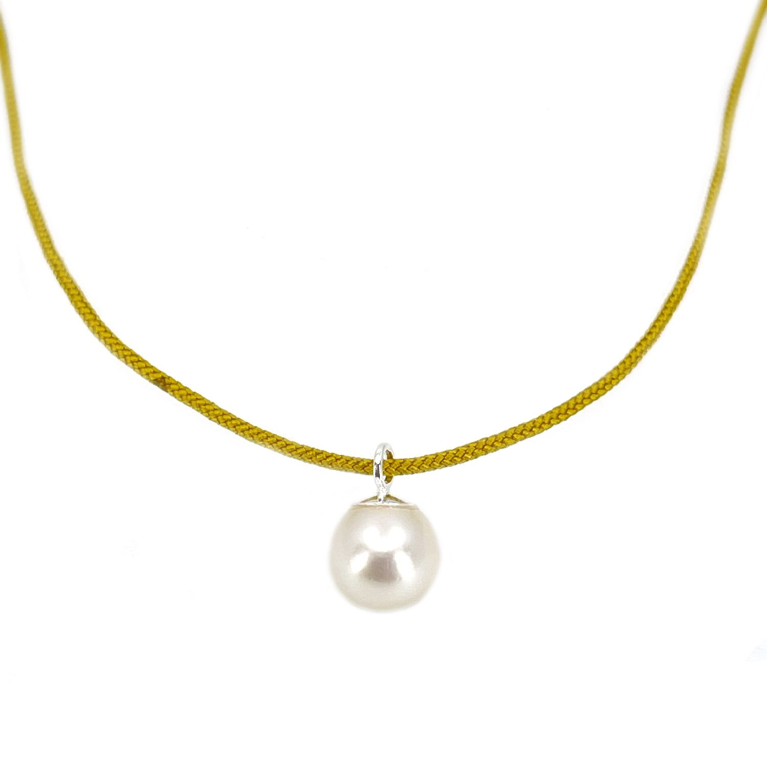 Kumihimo Braided Yellow Ocher Silk Vintage Akoya Saltwater Cultured Pearl Adjustable Necklace-Sterling Silver