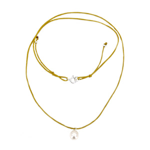 Kumihimo Braided Yellow Ocher Silk Vintage Akoya Saltwater Cultured Pearl Adjustable Necklace-Sterling Silver