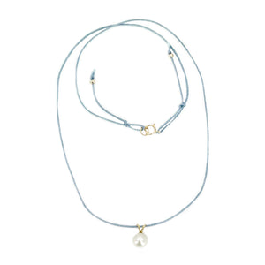Kumihimo Braided Light Blue Silk Vintage Akoya Saltwater Cultured Pearl Adjustable Necklace-14K Yellow Gold