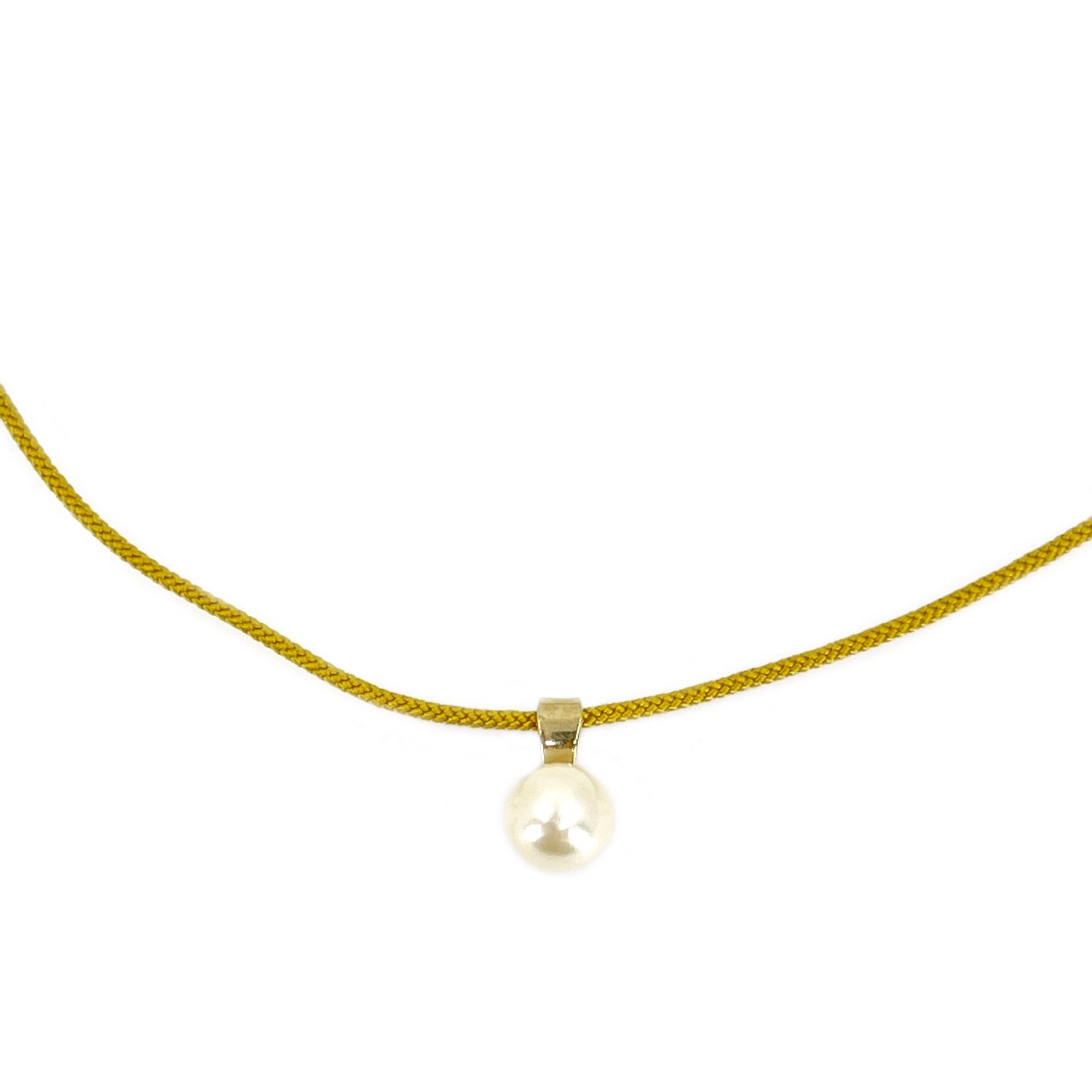 Kumihimo Braided Yellow Ocher Silk Vintage Akoya Saltwater Cultured Pearl Adjustable Modernist Necklace-14K Yellow Gold
