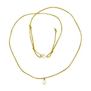 Kumihimo Braided Yellow Ocher Silk Vintage Akoya Saltwater Cultured Pearl Adjustable Modernist Necklace-14K Yellow Gold