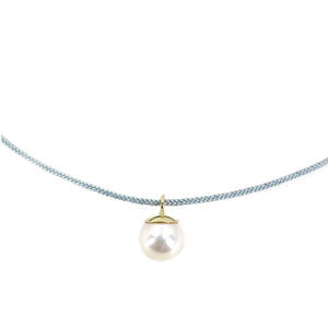 Kumihimo Braided Light Blue Silk Vintage Akoya Saltwater Cultured Pearl Adjustable Necklace-14K Yellow Gold