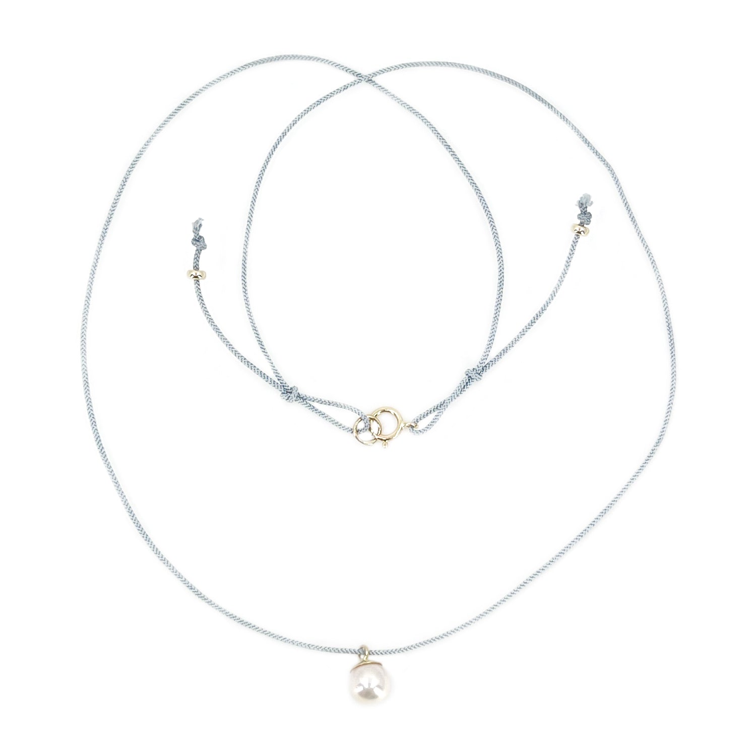 Kumihimo Braided Light Blue Silk Vintage Akoya Saltwater Cultured Pearl Adjustable Necklace-14K Yellow Gold