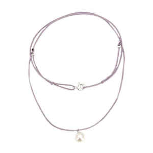 Kumihimo Braided Light Blue Silk Light Purple Akoya Saltwater Cultured Pearl Adjustable Necklace-Sterling Silver