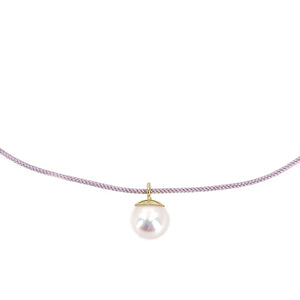 Kumihimo Braided Lavender Purple Silk Vintage Akoya Saltwater Cultured Pearl Adjustable Necklace-14K Yellow Gold