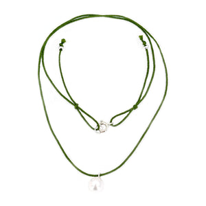 Kumihimo Braided Forest Green Silk Akoya Saltwater Cultured Pearl Adjustable Necklace-Sterling Silver