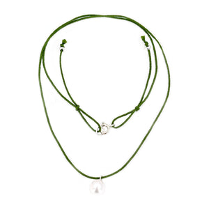 Kumihimo Braided Forest Green Silk Akoya Saltwater Cultured Pearl Adjustable Necklace-Sterling Silver