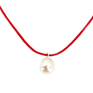 Kumihimo Braided Red Vermillion Silk Akoya Saltwater Cultured Pearl Adjustable Necklace-Sterling Silver