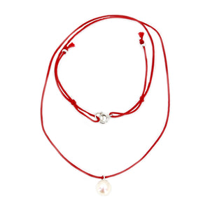 Kumihimo Braided Red Vermillion Silk Akoya Saltwater Cultured Pearl Adjustable Necklace-Sterling Silver