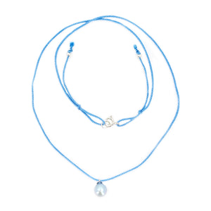 Kumihimo Braided Sea Blue Silk Blue Akoya Saltwater Cultured Pearl Adjustable Necklace-Sterling Silver