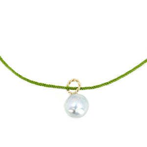 Kumihimo Braided Forest Green Silk Vintage Blue Akoya Saltwater Cultured Pearl Adjustable Necklace-14K Yellow Gold