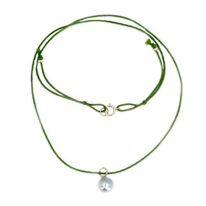 Kumihimo Braided Forest Green Silk Vintage Blue Akoya Saltwater Cultured Pearl Adjustable Necklace-14K Yellow Gold