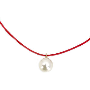 Kumihimo Braided Red Vermillion Silk Vintage Akoya Saltwater Cultured Pearl Adjustable Necklace-14K Yellow Gold