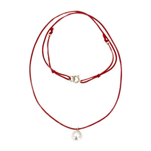 Kumihimo Braided Red Vermillion Silk Vintage Akoya Saltwater Cultured Pearl Adjustable Necklace-14K Yellow Gold