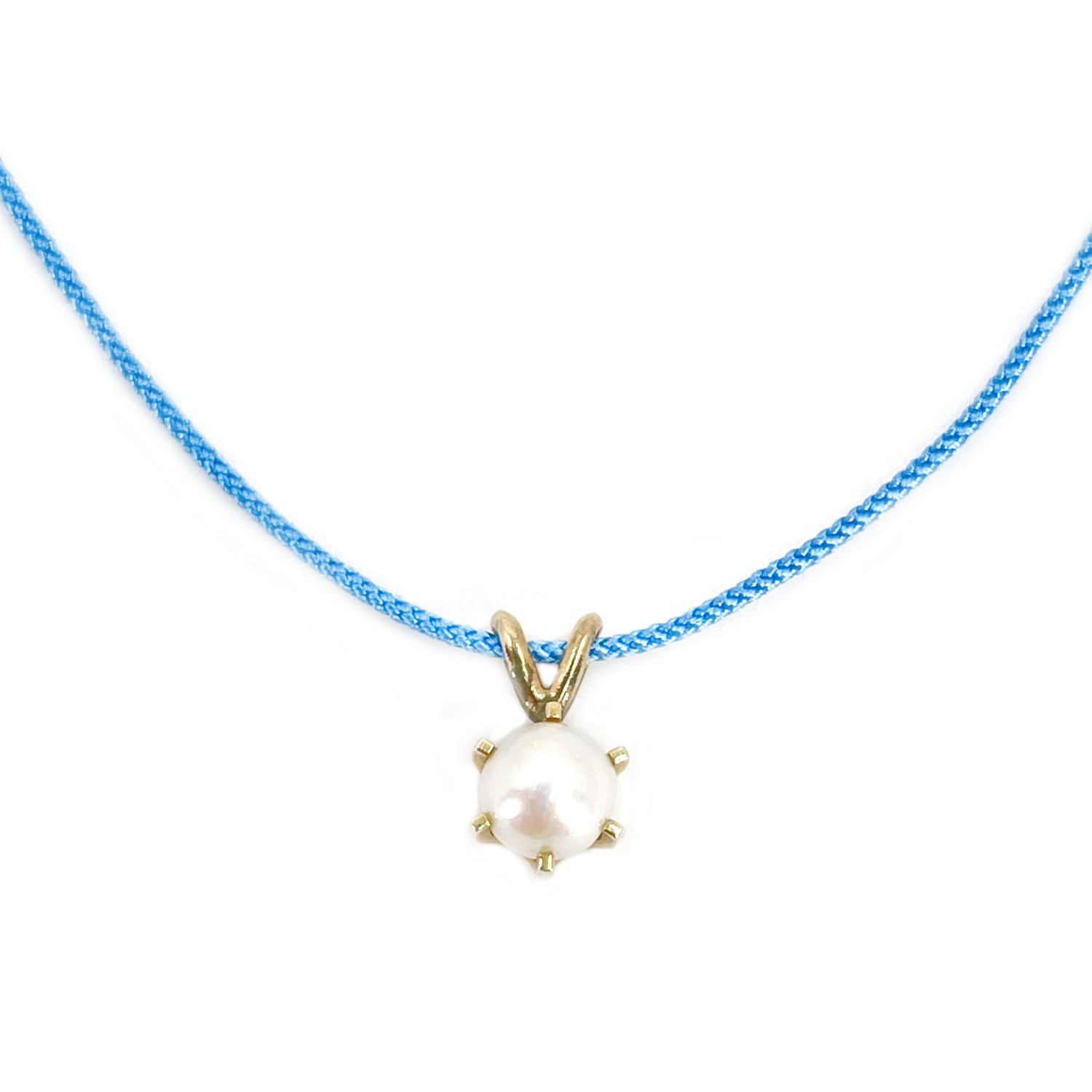 Kumihimo Braided Sky Blue Silk Vintage Akoya Saltwater Cultured Pearl Adjustable Necklace-14K Yellow Gold