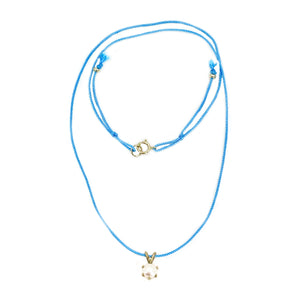Kumihimo Braided Sky Blue Silk Vintage Akoya Saltwater Cultured Pearl Adjustable Necklace-14K Yellow Gold