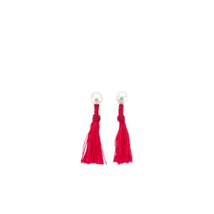 Kumihimo Braided Red Vermillion Natural Silk Tassel Boho Pierced Earring Enhancer- Sterling Silver 1 1/2 Inch