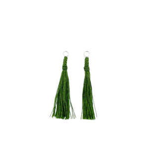 Kumihimo Braided Forest Green Natural Silk Tassel Boho Pierced Earring Enhancer- Sterling Silver 2 Inch
