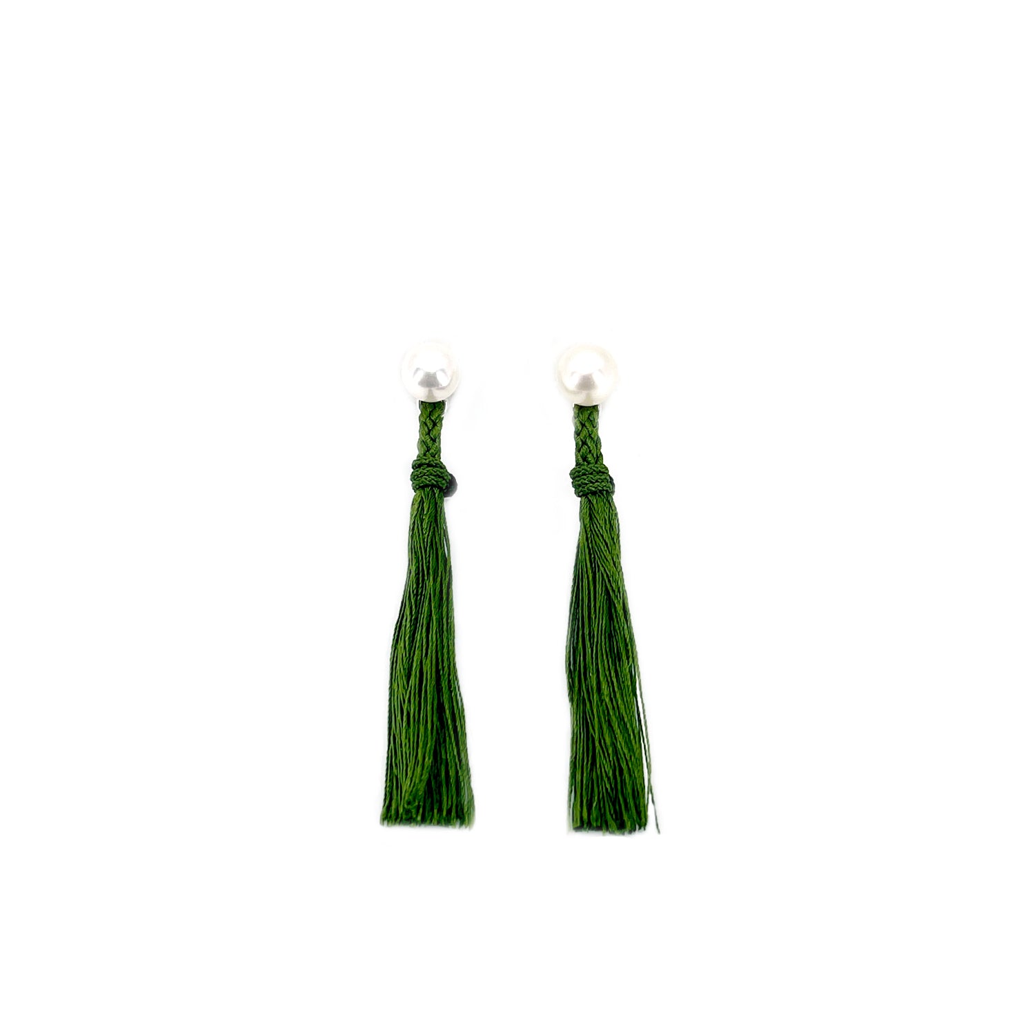 Kumihimo Braided Forest Green Natural Silk Tassel Boho Pierced Earring Enhancer- Sterling Silver 2 Inch