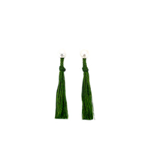 Kumihimo Braided Forest Green Natural Silk Tassel Boho Pierced Earring Enhancer- Sterling Silver 2 Inch