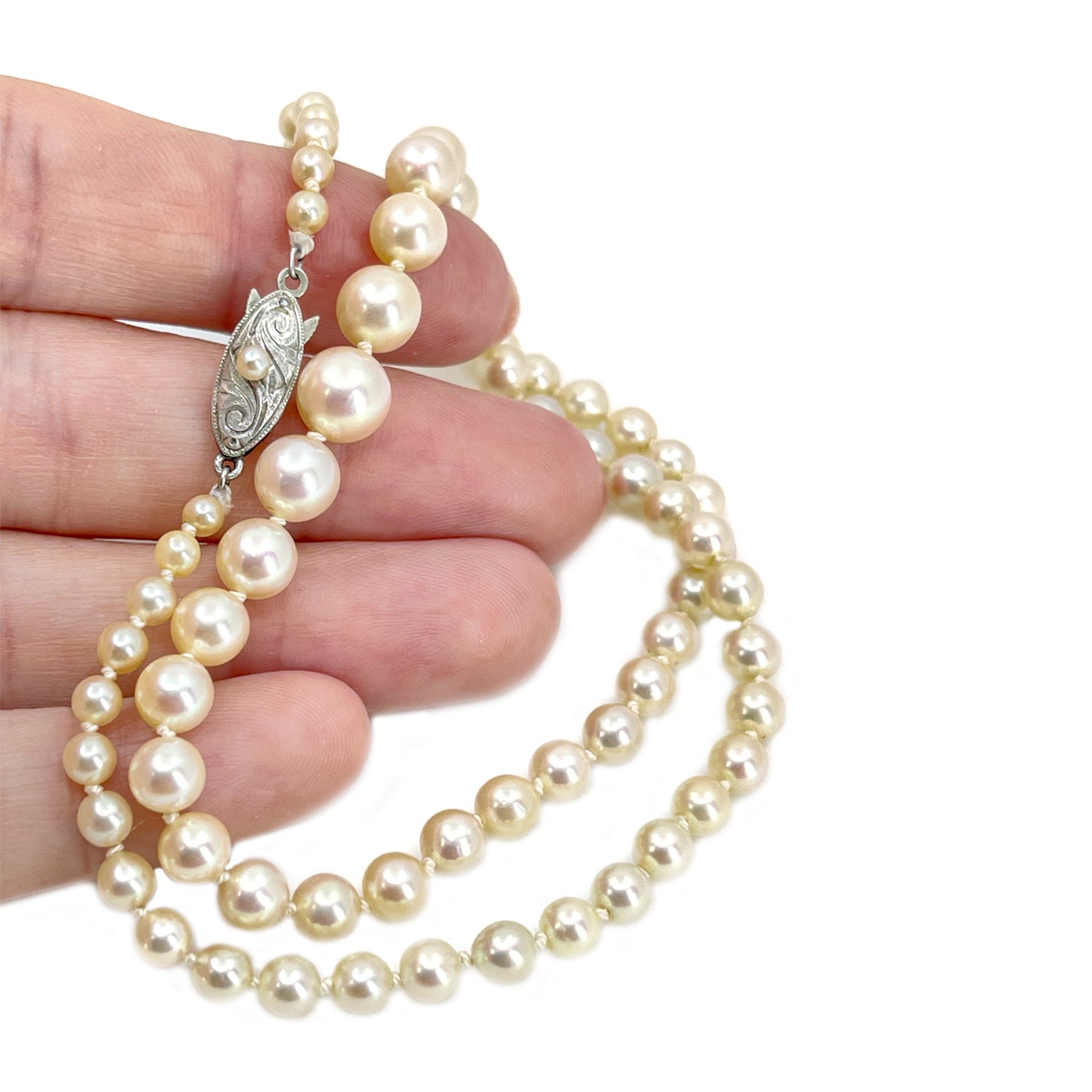 Koya Tokyo Designer Japanese Saltwater Akoya Cultured Pearl Engraved Graduated Vintage Necklace- Sterling Silver 16.50 Inch