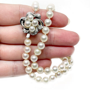 Mid Century Floral Japanese Saltwater Cultured Akoya Pearl Strand - Silver Vintage 16.25 Inch