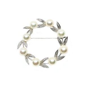 Wreath Large Leaf Japanese Saltwater Akoya Pearl Brooch- Sterling Silver