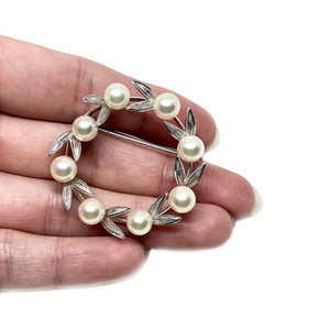Wreath Large Leaf Japanese Saltwater Akoya Pearl Brooch- Sterling Silver